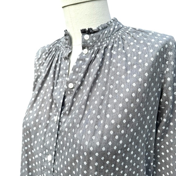 NWT LOFT Petite Small Dotted Ruffle Collar Long Sleeve Button Down Blouse, gray - Picture 4 of 14